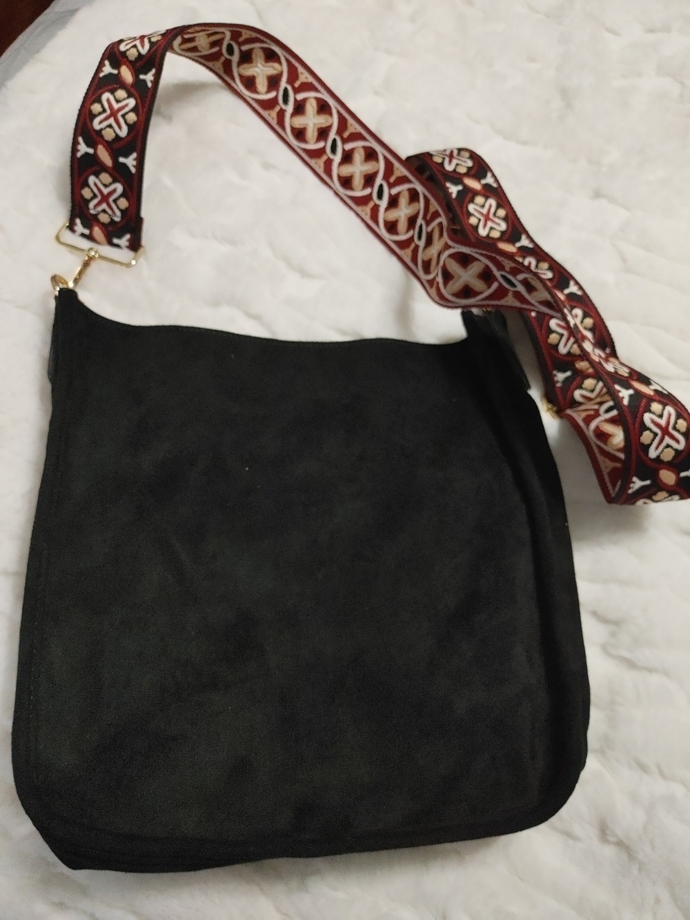 Black Faux Suede Crossbody Bag with Decorative Red Patterned Strap